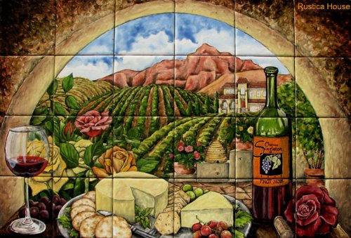 mexican tile mural with cheese, wine and Roses