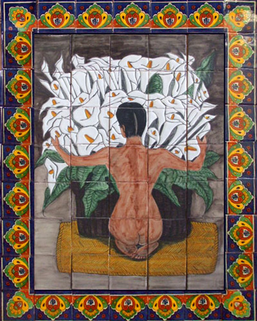 mexican tile mural with woman with calla lilies