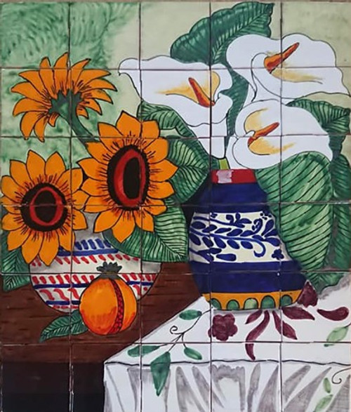 mexican tile mural with sunflowers and calla lilies