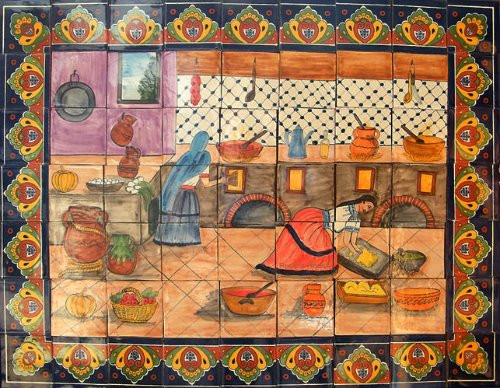 mexican tile mural with traditional mexican cooks