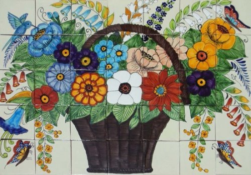 mexican tile mural with wild flower basket