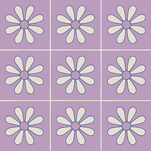 Cream daisy motif on lavender tiles.