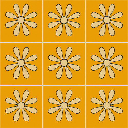 Grid of orange Talavera tiles with cream daisy flower design.