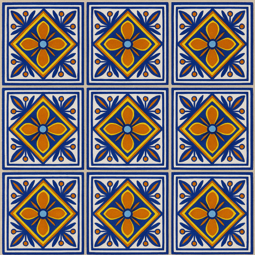 Mexican tile with amber floral motif inside blue diamond pattern