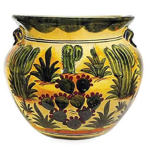 Desert Bloom Talavera Pot with hand-painted cactus and agave motifs on warm yellow ceramic background
