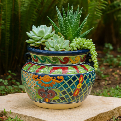Marina Breeze Talavera Planter with hand-painted lattice and scroll motifs in blue, red, and green tones