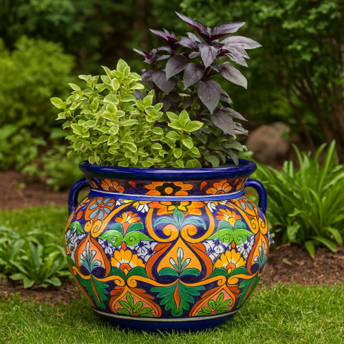 Large Golden Mirage Talavera Pot highlighting artisan brushwork with yellow and emerald motifs on deep blue glaze Large Golden Mirage Talavera Pot highlighting artisan brushwork with yellow and emerald motifs on deep blue glaze