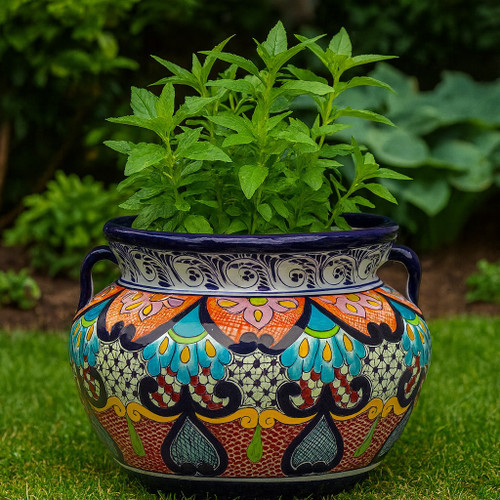 Sunlit Mosaic Hand-Painted Pot highlighting artisan craftsmanship with detailed relief motifs and rich color contrasts