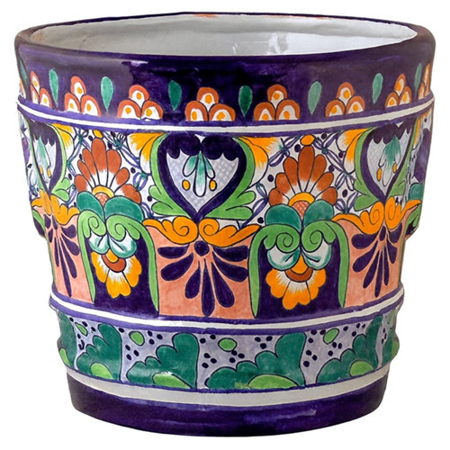 Cobalt Heart Ceramic Planter with hand-painted orange, green, and indigo patterns inspired by Mexican folk art.