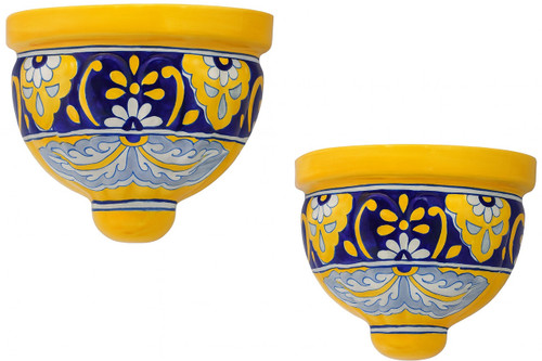 Marian Glow Talavera Sconce pair of Mexican wall sconces featuring ornate cobalt blue and golden yellow motifs.