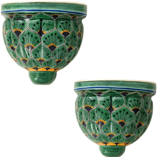 Aztec Bloom Talavera Sconce pair of ceramic sconces featuring geometric green patterns with yellow and blue details.