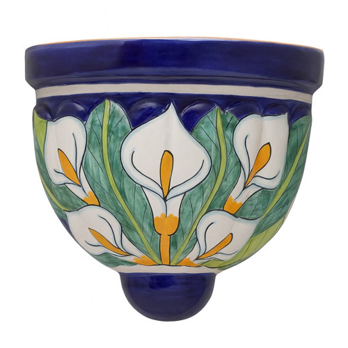 Calla Serenade Talavera Sconce hand-painted Mexican wall light with elegant white calla lilies and cobalt trim.