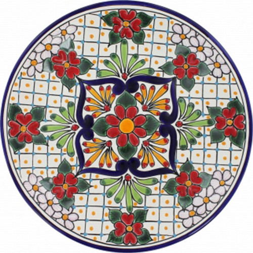 Hacienda Charm Talavera Plate hand-painted ceramic plate featuring red, green, and yellow colonial motifs on a white glazed background.