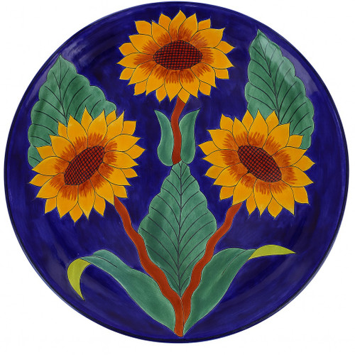Midnight Sunfield Talavera Plate hand-painted Mexican ceramic plate featuring bright yellow sunflower motifs on a deep cobalt background.