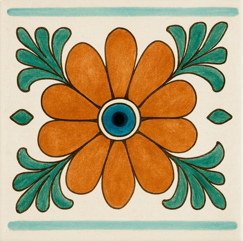 Copper Bloom Talavera Tile handcrafted Mexican ceramic tile featuring an orange petal design with turquoise leaf details on a cream background.