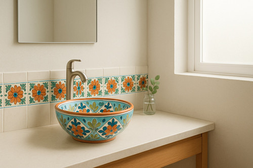 Copper Bloom Talavera Tile bathroom installation showing matching vessel sink and backsplash with blue, green, and terracotta accents in a bright interior space.