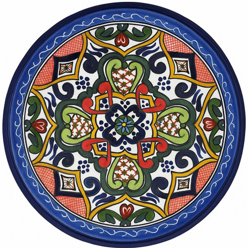 Majestic Arches Talavera Plate showcasing a hand-painted ornamental pattern in green, red, cobalt, and gold.