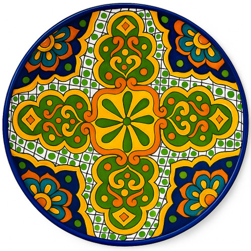 Verde Solace Talavera Plate featuring hand-painted yellow and green motifs with rustic cobalt accents.