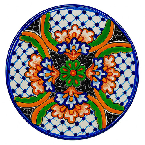 Cobalt Path Talavera Plate featuring hand-painted green, orange, and white motifs on a deep blue background.