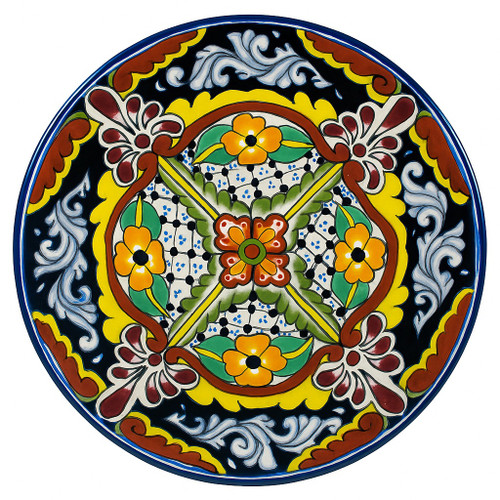 Pátzcuaro Vista Talavera Plate featuring hand-painted green and cobalt petal patterns inspired by Mexican artistry.
