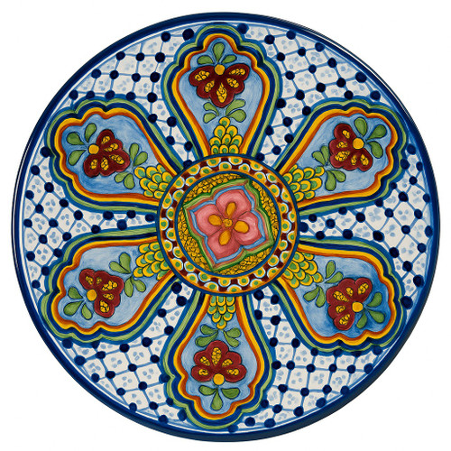 Cuernavaca Grace Talavera Plate featuring hand-painted red and yellow motifs with soft blue and white background details.
