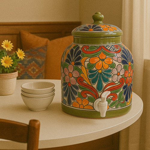 Hand painted Talavera ceramic crock in warm indoor setting