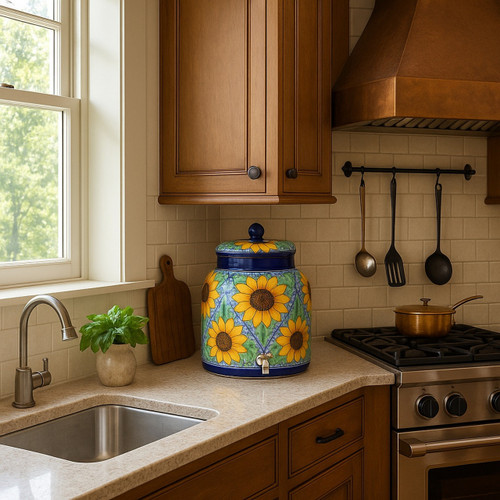 Talavera sunflower crock displayed on kitchen countertop near window and copper stove hood