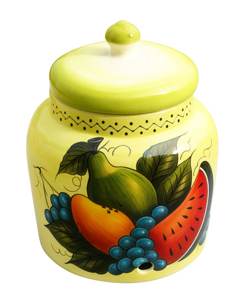 Harvest Orchard Talavera Crock featuring a hand painted arrangement of pear mango grapes and watermelon against a soft yellow ceramic background.