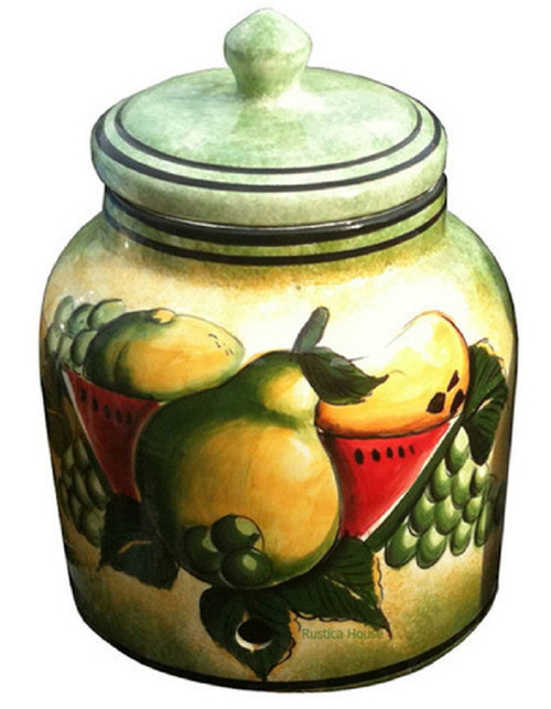 Pear Water Crock featuring a hand painted arrangement of pears watermelon slices and green grapes on a softly shaded ceramic surface.