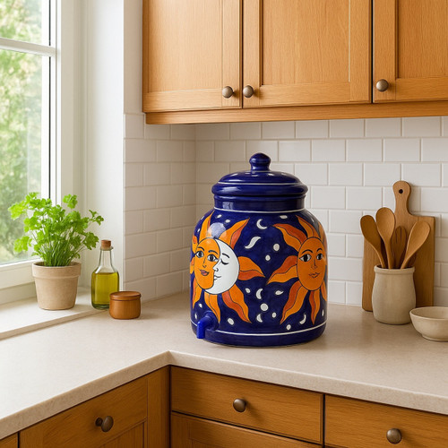 Eclipse Talavera Crock placed on a kitchen counter showing its colorful sun and moon imagery against a modern interior with natural light.
