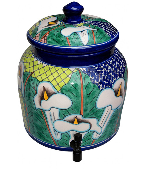 Calla Harmony Talavera Crock featuring hand painted calla inspired white forms surrounded by lush green leaves and deep cobalt accents.