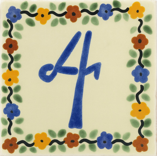 Talavera House Number Tile Four featuring a stylized blue number surrounded by a colorful border of small motifs and green leaves.