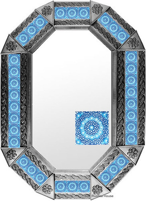 Blue Mosaic Tin Frame Wall Mirror in a natural tin finish highlighting embossed metal details and vivid blue mosaic tiles along the frame.
