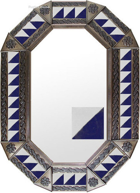 Blue Geo Tin Mirror with a copper toned frame combining warm metallic color and blue and white geometric tiles for a refined decorative accent.