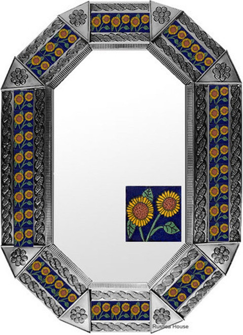 Rustic Sunflower Tin Mirror in a natural tin finish with artisan embossed metalwork framing bright yellow sunflower tiles for a warm handcrafted look.