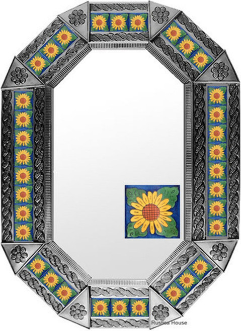 Artisan Sunflower Tin Mirror in a natural tin frame featuring handcrafted sunflower tiles framed by textured metal work.