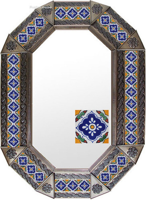 Blue Medallion Tin Mirror featuring a warm copper toned frame surrounding vibrant blue medallion tile details.