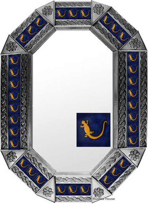 Tile Tin Mirror Blue Lagartija with handcrafted tin frame and deep blue ceramic tiles featuring traditional lagartija motifs.