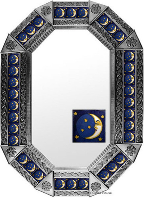 Crescent Moon Tin Mirror in a natural tin frame accented with hand painted blue tiles and crescent moon imagery.