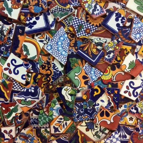 20 lb assortment of broken Mexican Talavera tiles with colorful hand-painted patterns