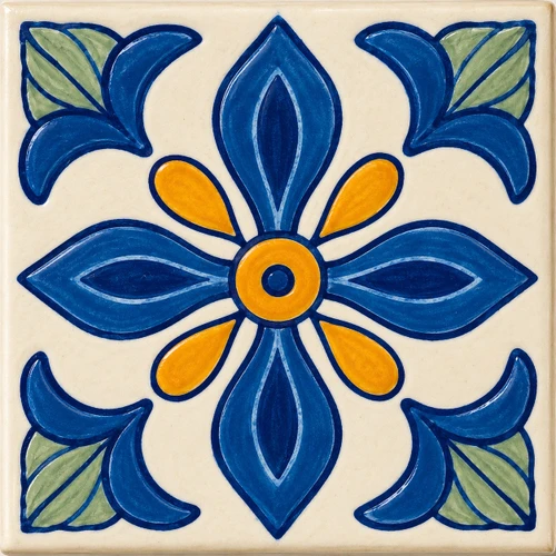 Cobalt Garden Talavera Tile with blue floral petals, golden accents, and sage green corner leaves.