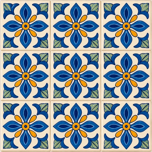 Cobalt Garden Talavera Tile arranged in a repeating 3x3 pattern with traditional Mexican floral design.