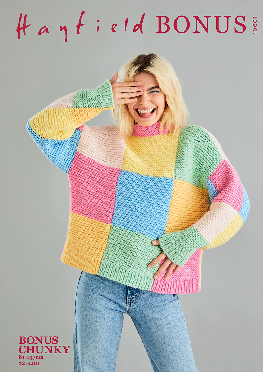 Patchwork Funnel Neck Sweater in Hayfield Bonus Chunky (10601