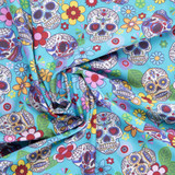 Cotton Poplin Print - Sugar Skulls on Turquoise - Per ½ Metre