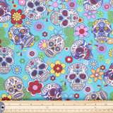 Cotton Poplin Print - Sugar Skulls on Turquoise - Per ½ Metre