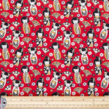 Cotton Poplin Print - Japanese Dolls on Red - Per ½ Metre