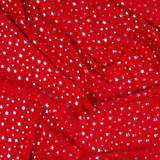 Stretch Polyester: Metallic Silver Stars on Red - Per ½ Metre