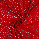 Stretch Polyester: Metallic Silver Stars on Red - Per ½ Metre