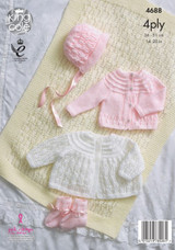 Matinee Coat, Cardigan, Bonnet, Bootees & Blanket in King Cole 4 Ply & DK (4688)