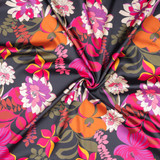100% Polyester Satin: Retro Floral on Black - Per ½ Metre